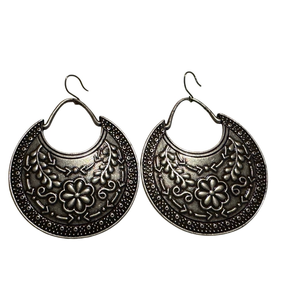Antique Silver Tone Boho Floral Embossed Crescent Statement Hoop Earrings